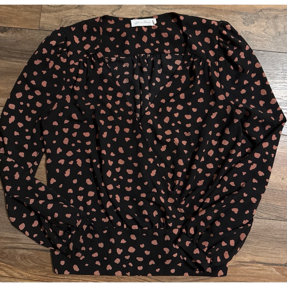 All in Favor Size Small Black with Pink Polka Dots Faux Wrap Blouse V-Neck